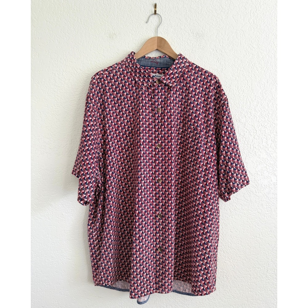Tommy Bahama Silk Pacific Geo Camp Shirt‎ Java Red Cream Blue Button Up XXL